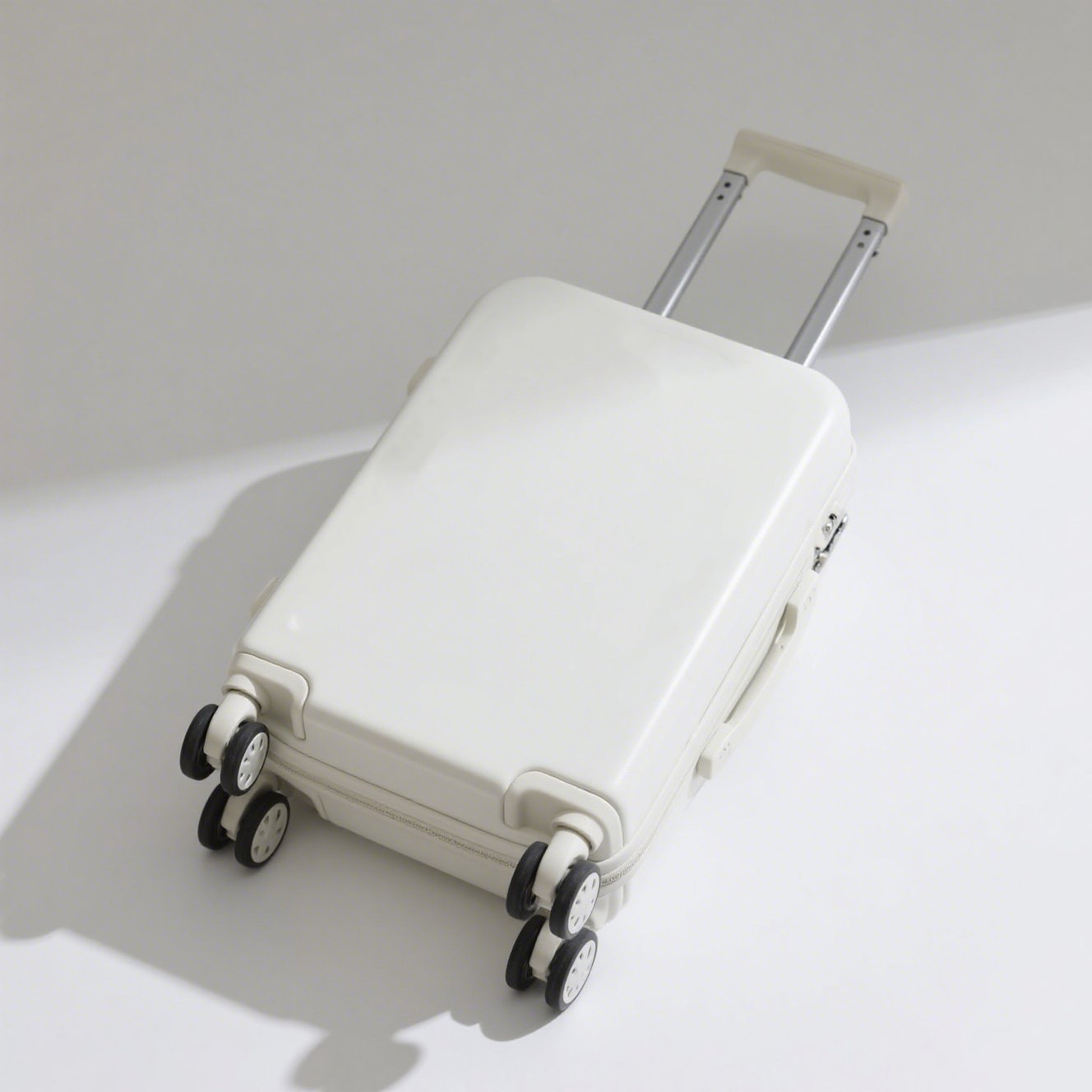 Stylový bílý cestovní kufr na stole
