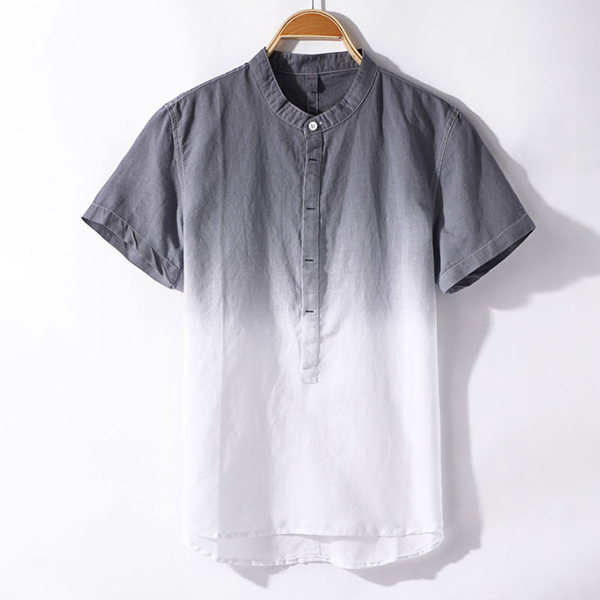 綿麻シャツ  グラデーション スタンドカラー タイト 通気 吸汗 快適 おしゃれ