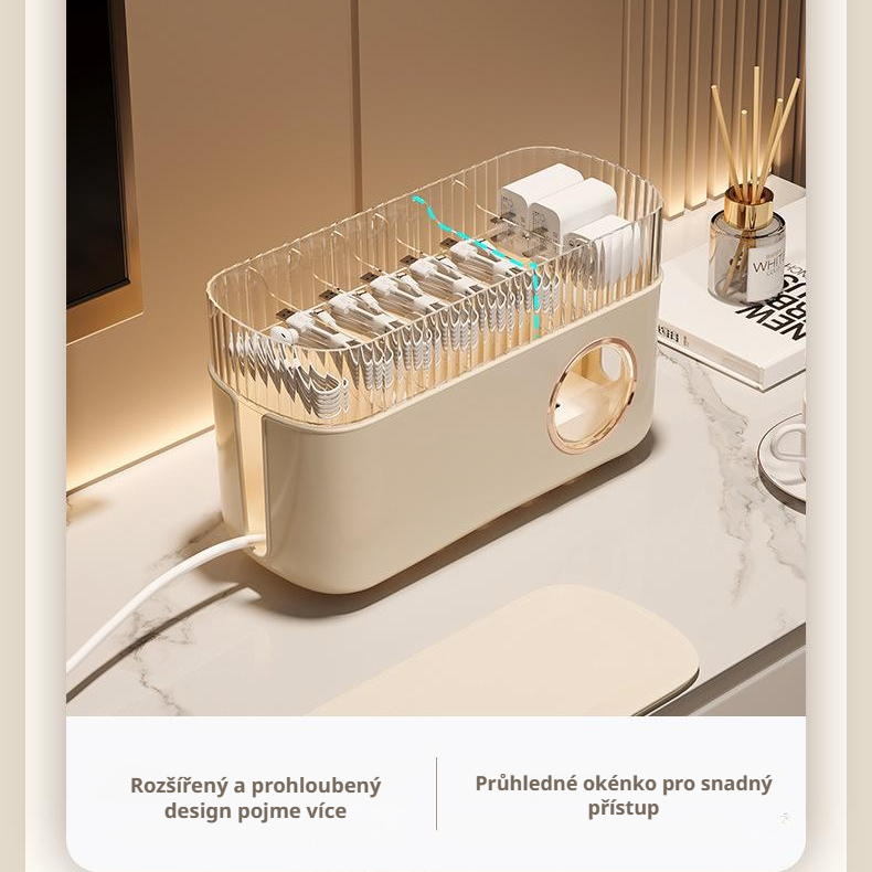 Stolní úložný box na kabely a mobilní nabíječky