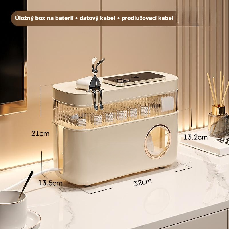 Stolní úložný box na kabely a mobilní nabíječky