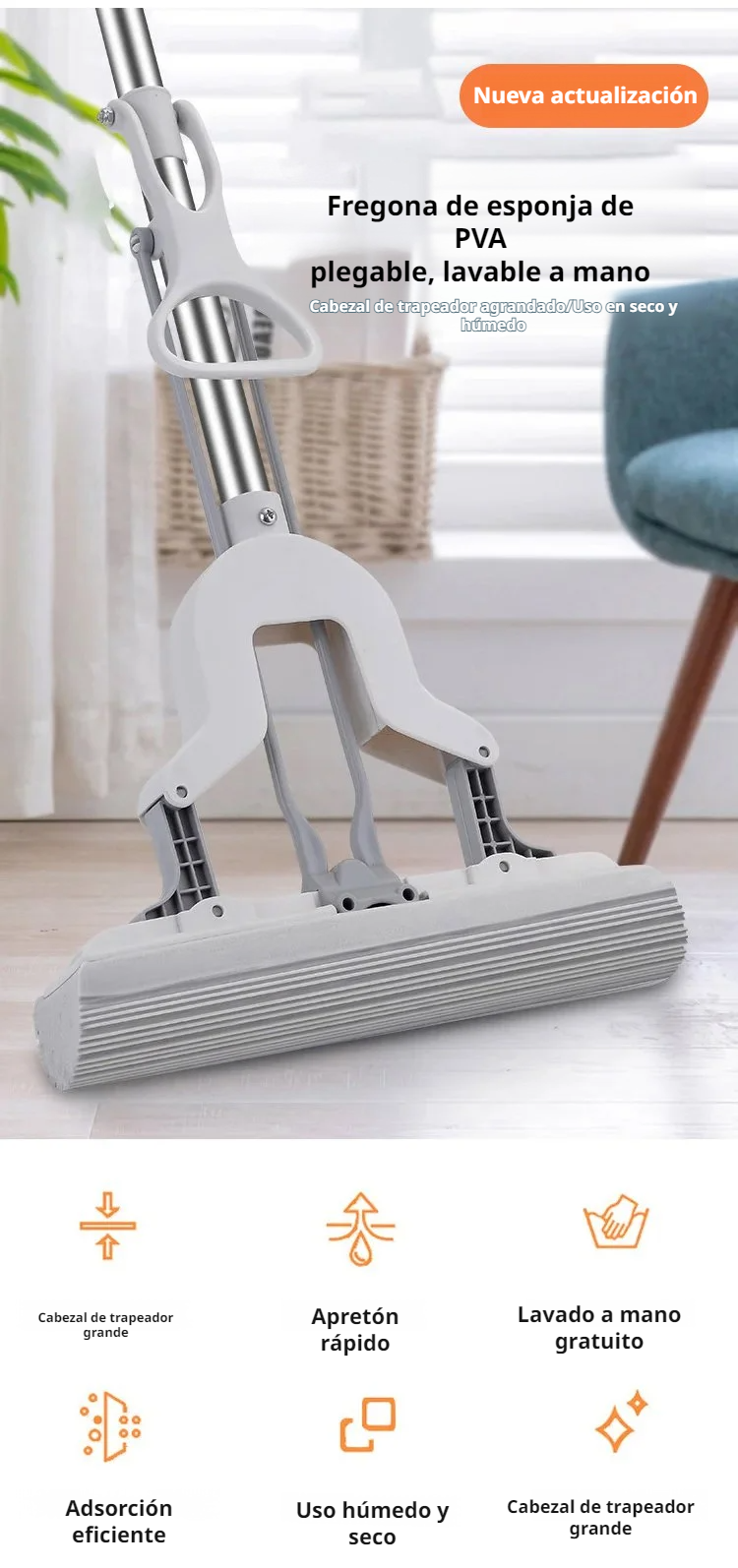 Fregona de esponja plegable con dos cabezales para limpieza del hogar