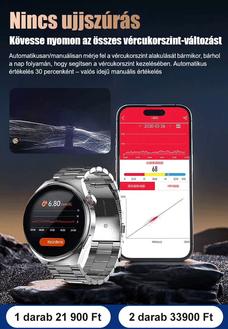 Vércukorszint mérésére szolgáló óra acélszíjjal