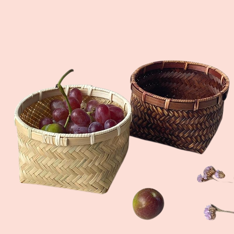 田園風手工竹編方形茶點水果乾零食收納籃