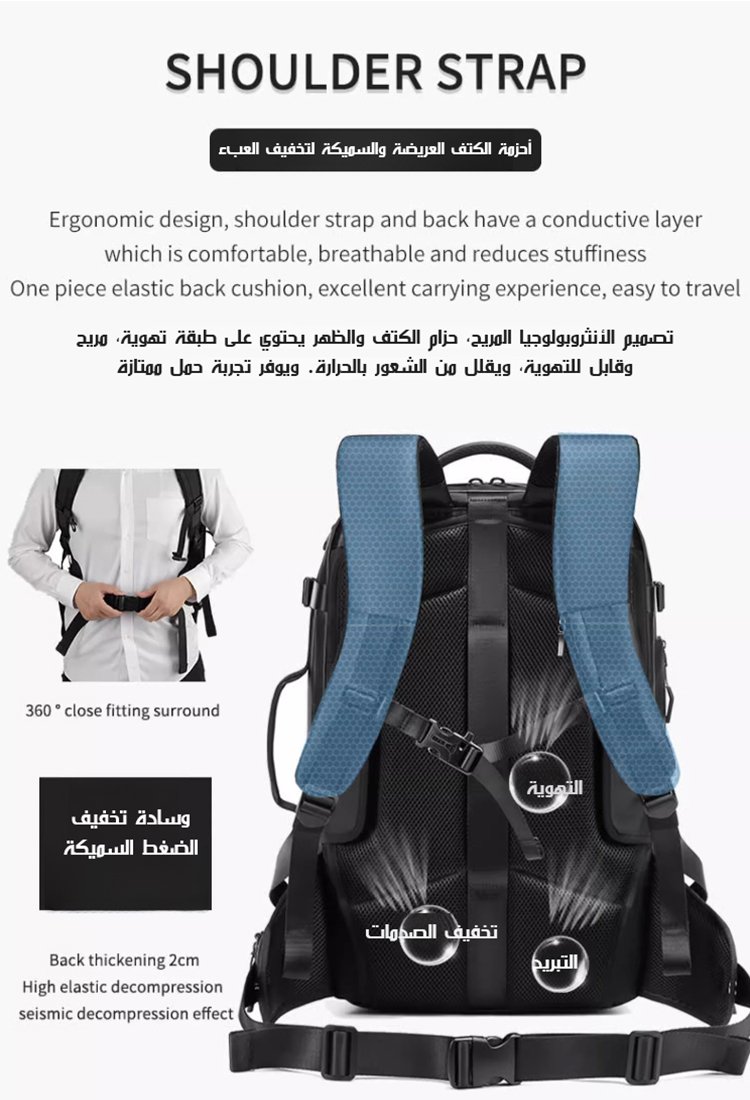 【سعة تعادل حقيبة سفر بحجم 28 بوصة】 حقيبة ظهر مضادة للسرقة مع وسادة هوائية مضغوطة