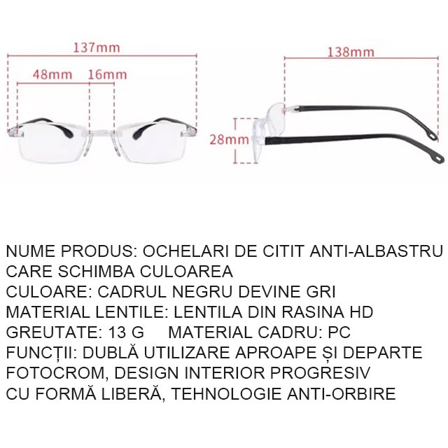 Ochelari de presbiopie fotocromatici cu protecție împotriva luminii albastre