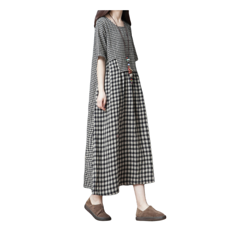 レディース大きいサイズゆったりチェック柄コットンリネンドレス 快適でスタイリッシュなコットンリネンドレス
