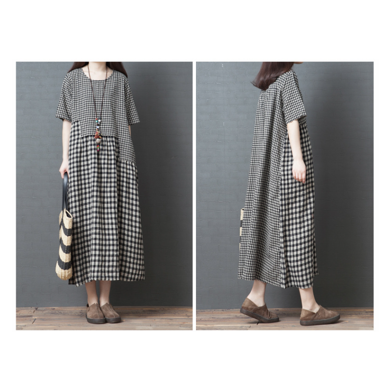 レディース大きいサイズゆったりチェック柄コットンリネンドレス 快適でスタイリッシュなコットンリネンドレス