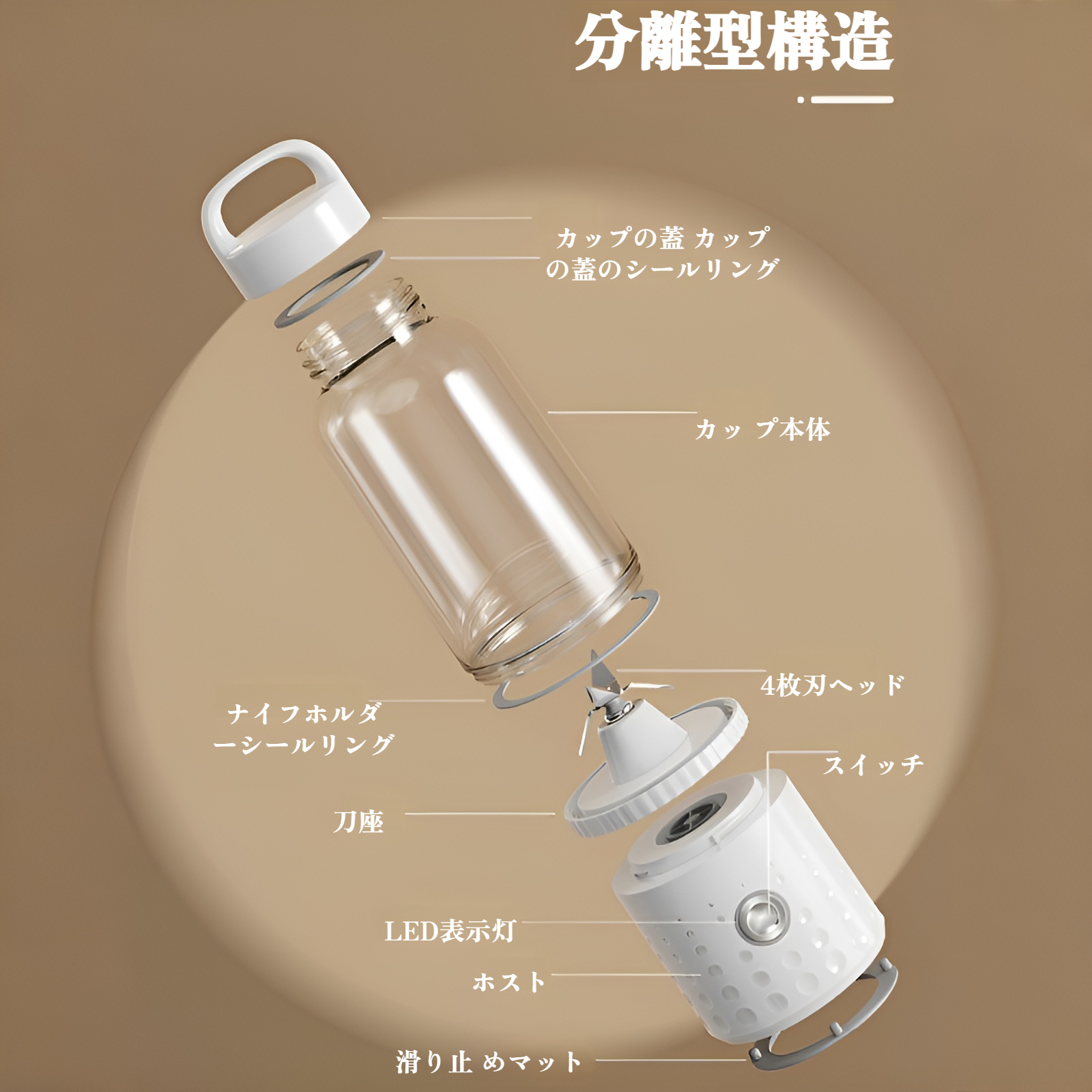 電動ジューサーカップ付きポータブルジューサー、小型家庭用全自動フルーツジューサー