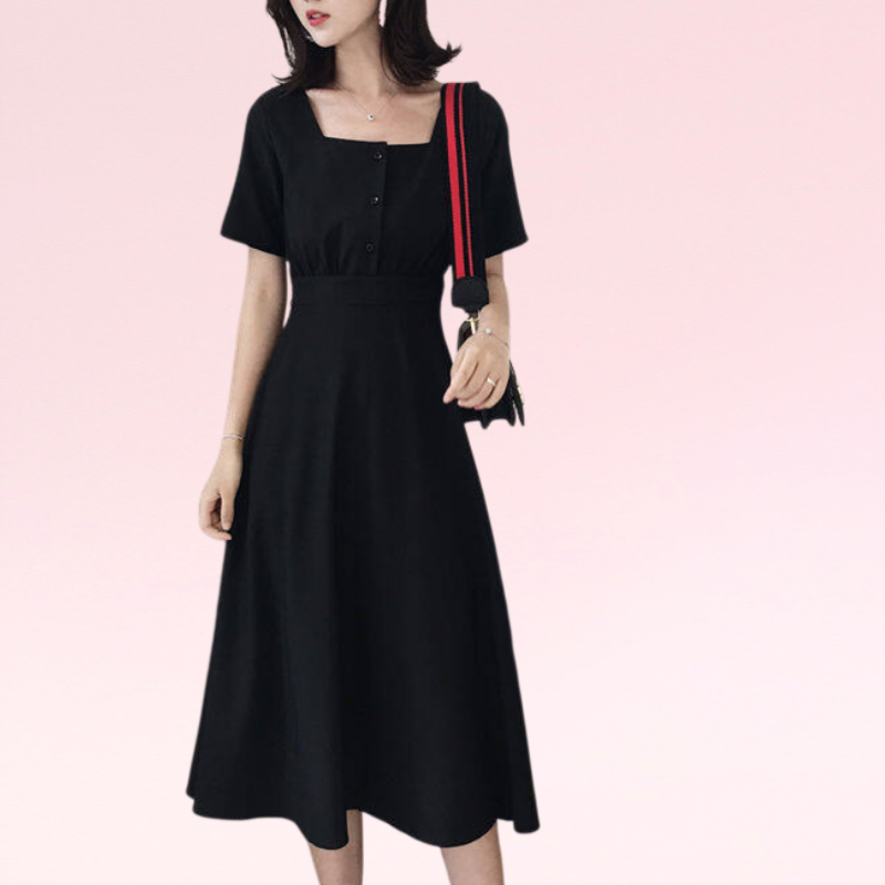 夏の新作フレンチリンドウレトロスカートヘップバーン風の小ぶりなお腹周りをカバーできるスクエアネックのミドル丈ドレス