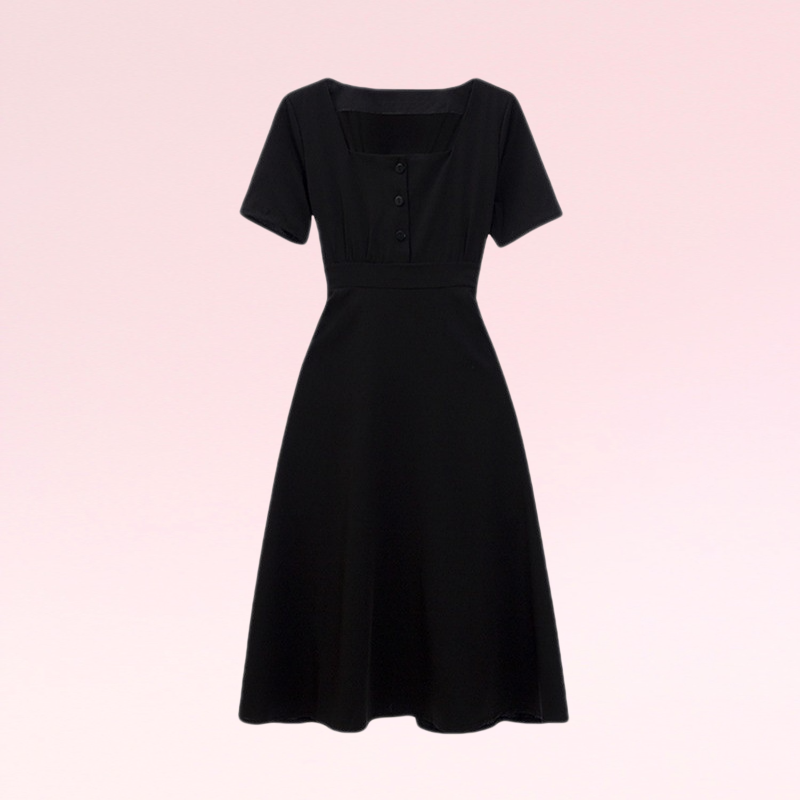 夏の新作フレンチリンドウレトロスカートヘップバーン風の小ぶりなお腹周りをカバーできるスクエアネックのミドル丈ドレス