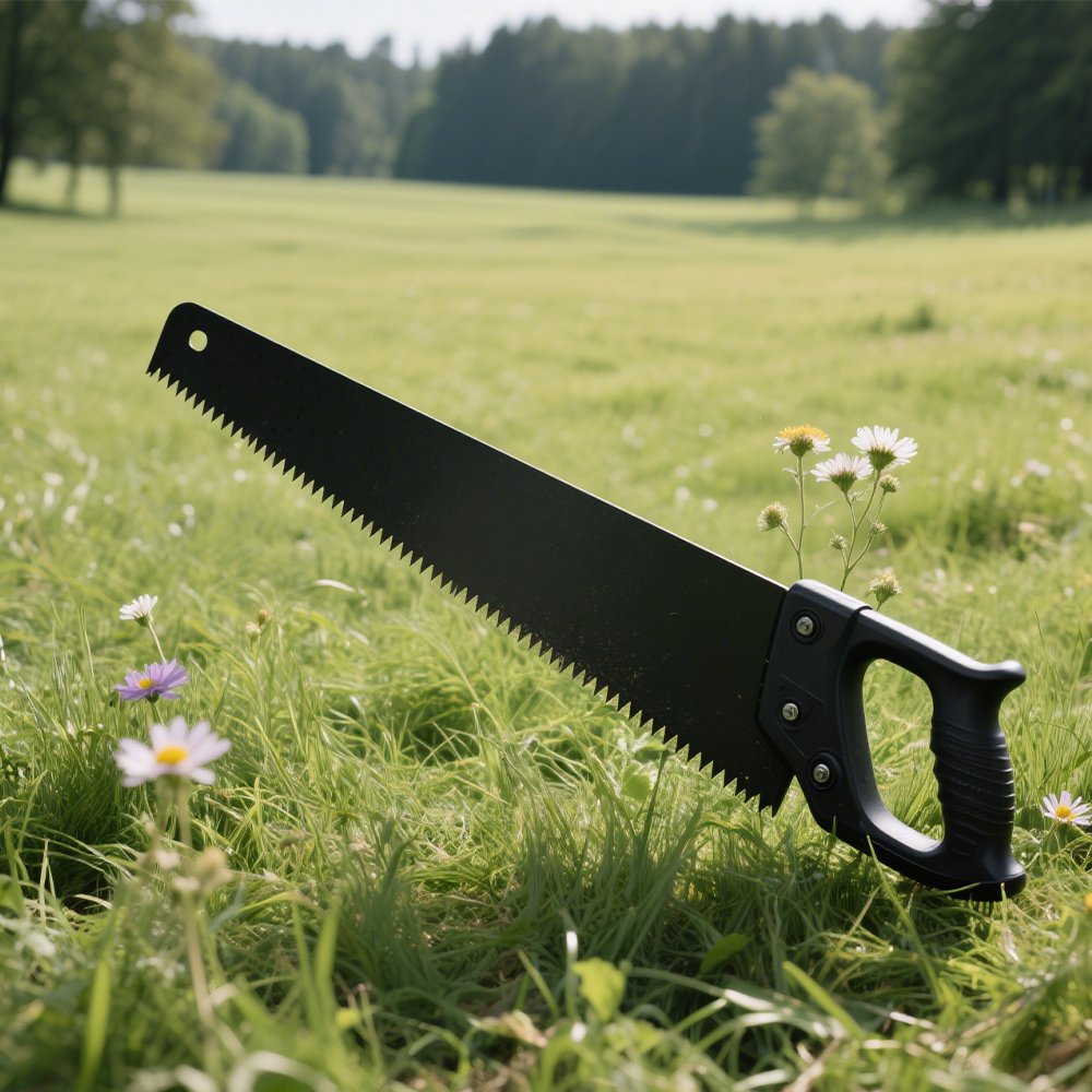 목재 절단 중인 매우 긴 두꺼운 이빨 톱