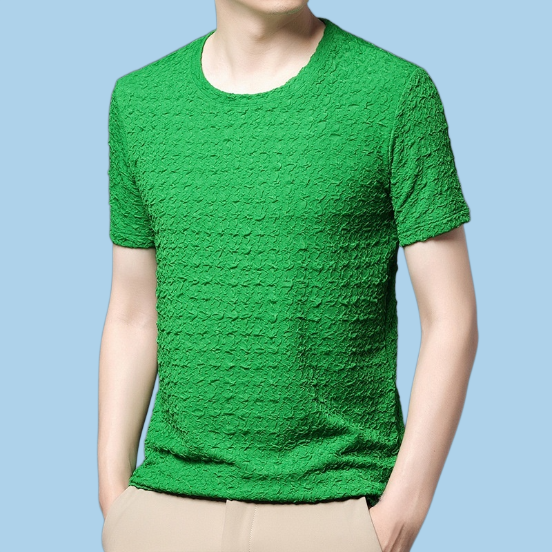 Summer men's solid color round neck high stretch short sleeved shirt