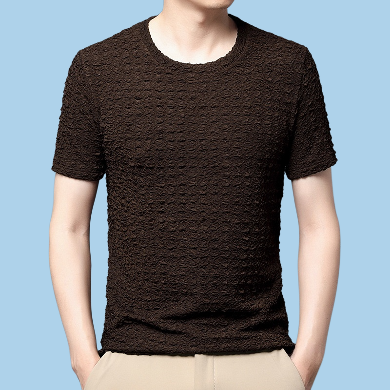 Summer men's solid color round neck high stretch short sleeved shirt