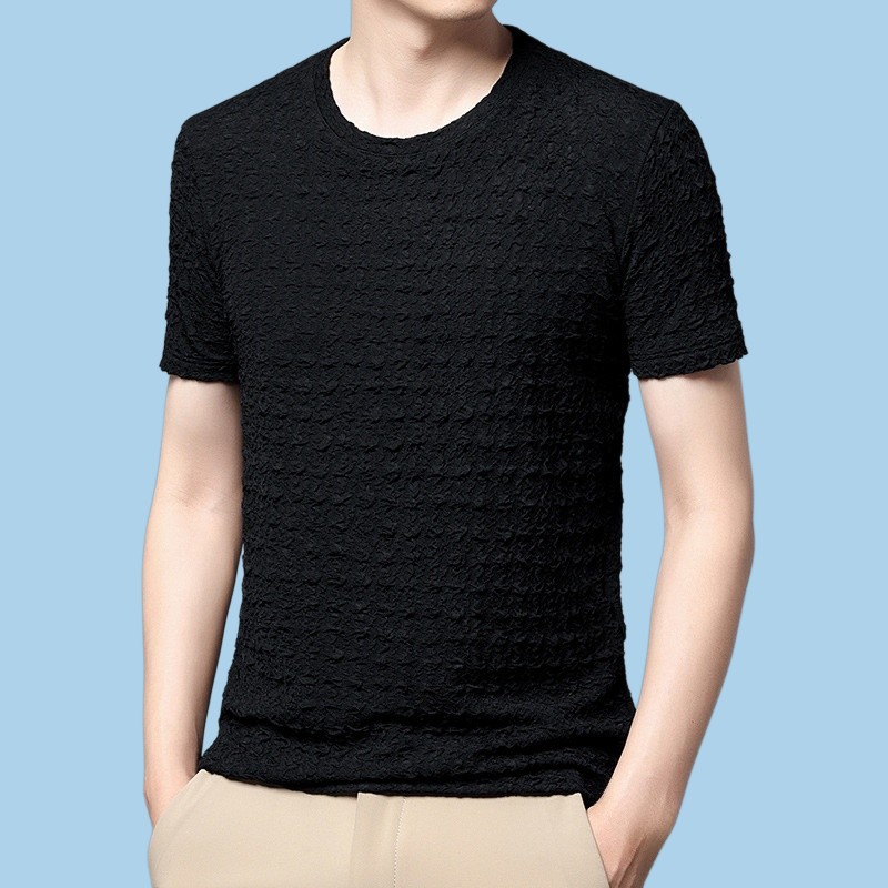 Summer men's solid color round neck high stretch short sleeved shirt