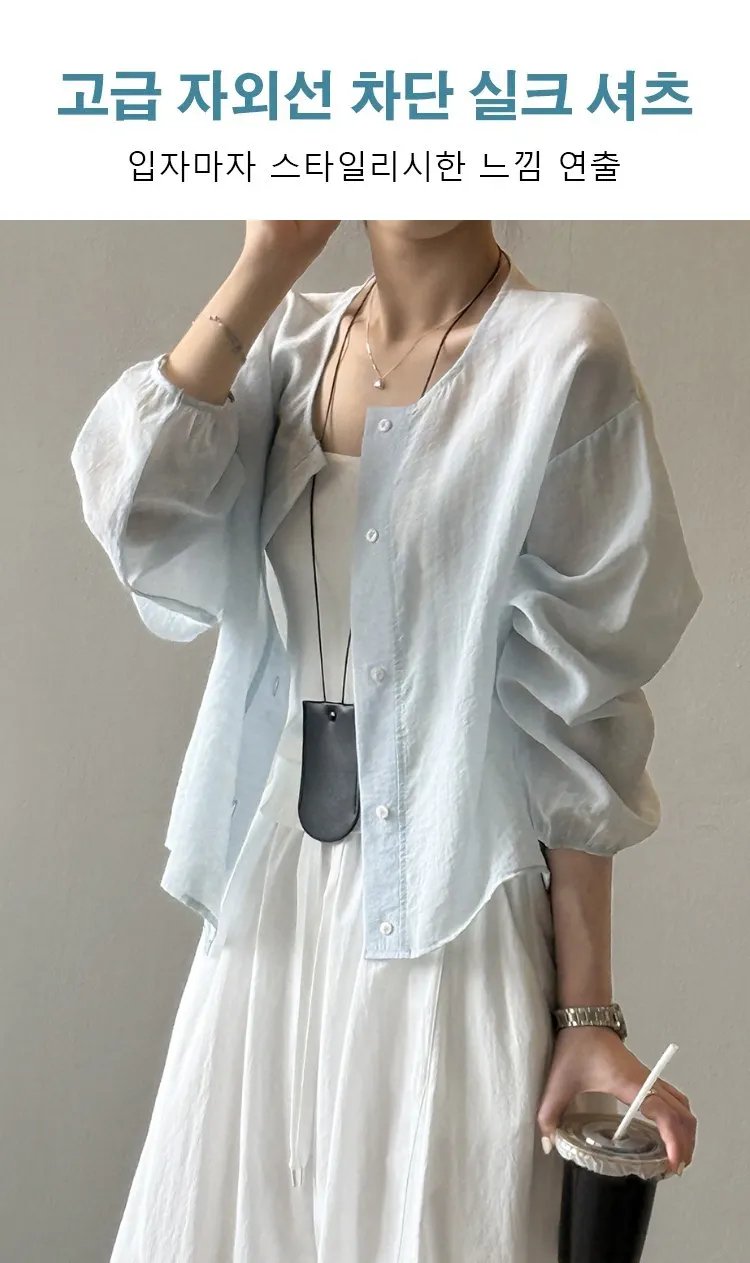 여름용 긴팔 벌룬소매 시스루 텐셀 블라우스 착용샷