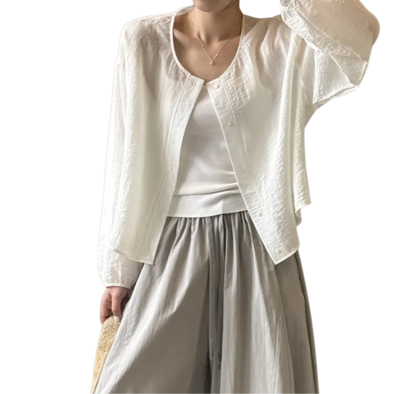 긴팔 벌룬소매 선블라우스 부드러운 카디건 블라우스 시스루 여름 얇은 텐셀 라운드 블라우스