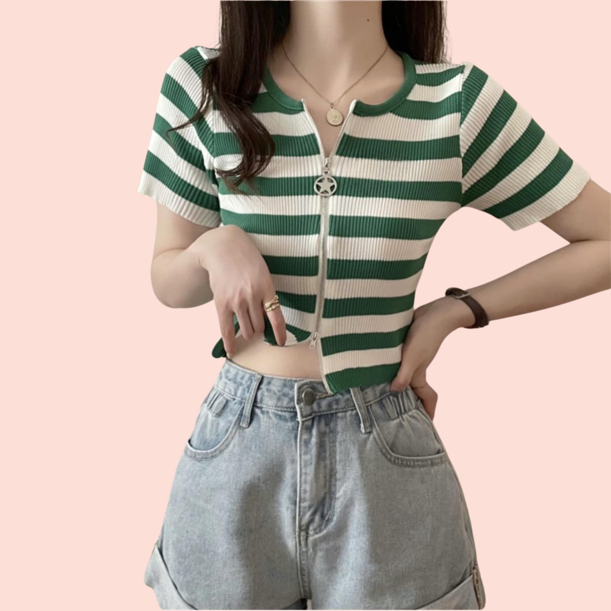 여성 여름 반팔 슬림 크롭 스트라이프 더블 집업 니트 가디건