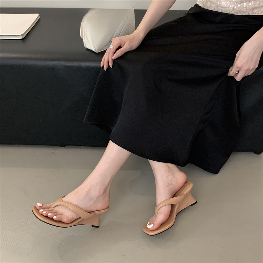 2025年春夏サンダル、新ファッション万能サンダル、スクエアヘッド、ウェッジヒール、フリップフロップサンダル、ハーフスリッパ、レディース
