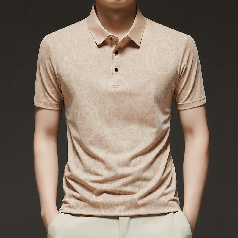 여름 비즈니스 캐주얼 남성 반팔 배기 얇은 티셔츠 프린트 터틀넥 아빠 상의