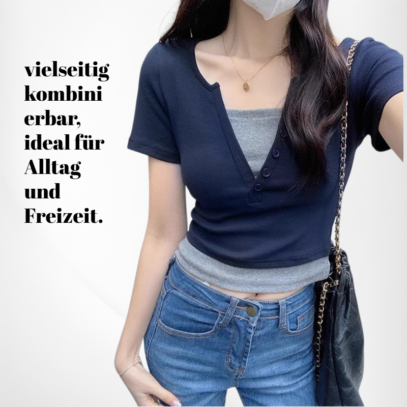 Schlankes Kurzarm Pinkes V-Ausschnitt T-Shirt für Damen