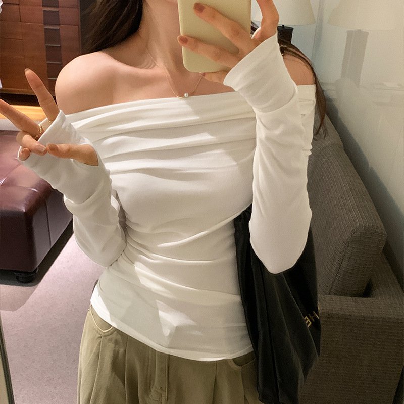 허리 조이는 쇼트 상의 셔링 섹시 쇼트 상의 긴팔 티셔츠 여 슬림핏 허리 조이는 봄옷