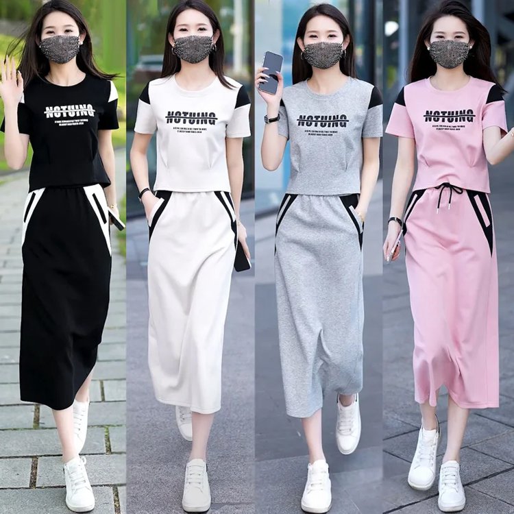 여자 패션 반팔 스커트 투피스