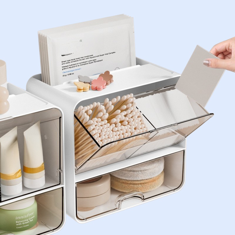 壁掛けタイプ洗面台収納ボックス トイレ用綿棒・化粧品収納 高級感ミラー付