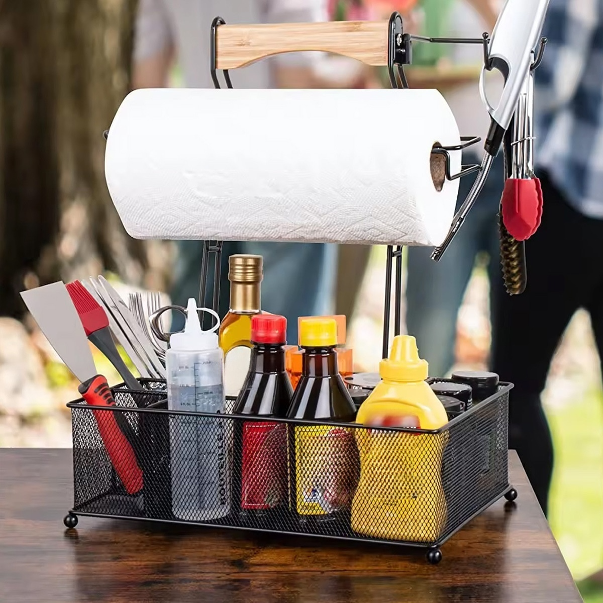 錬鉄製の木製ハンドル付きバーベキューバスケット折りたたみ式ハンドル収納バスケット調味料収納ラックBBQラック