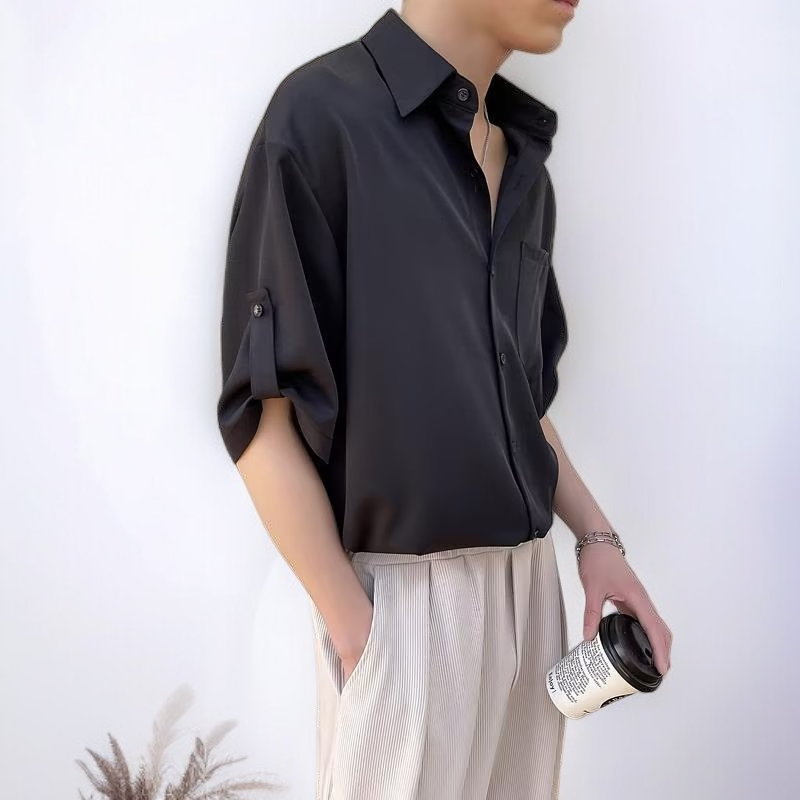 ビジネスダークグリーンメンズ半袖シャツノンアイロンルーズシャツドレープ半袖シャツ