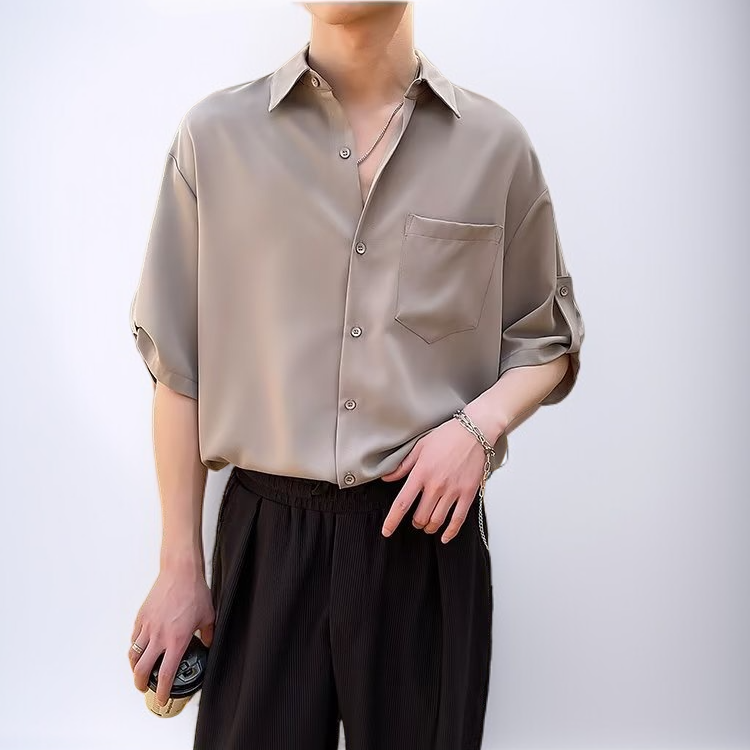 ビジネスダークグリーンメンズ半袖シャツノンアイロンルーズシャツドレープ半袖シャツ