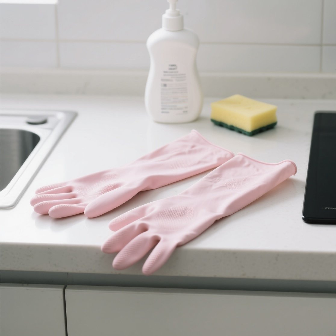 キッチンで使うピンク色ラバーグローブ