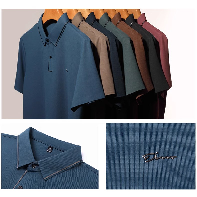 メンズ折り襟シルクポロシャツ、通気性快適冷感メンズ半袖、夏用メンズ半袖