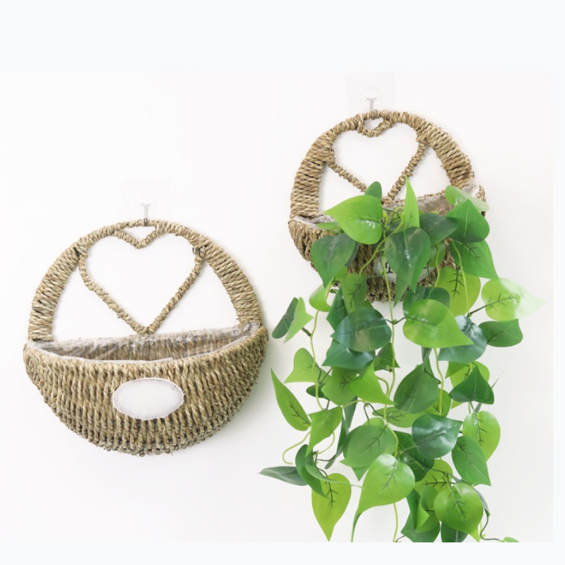 Unobtrusive Greenery Hanging Basin Natural Grass Rope Waterproof lining Hanging Flower Basket handwo