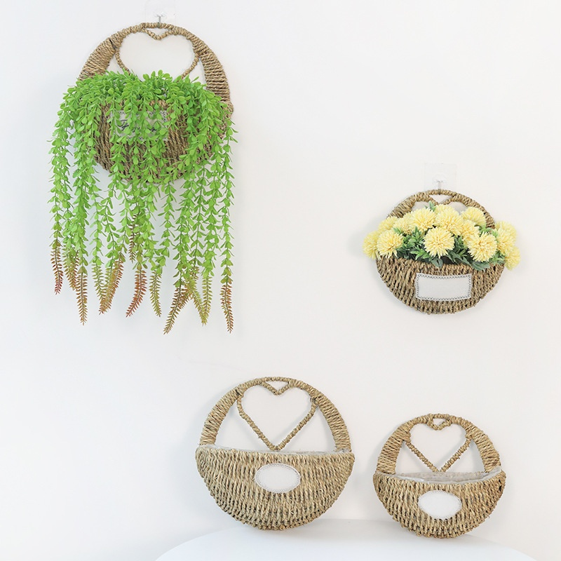 Unobtrusive Greenery Hanging Basin Natural Grass Rope Waterproof lining Hanging Flower Basket handwo