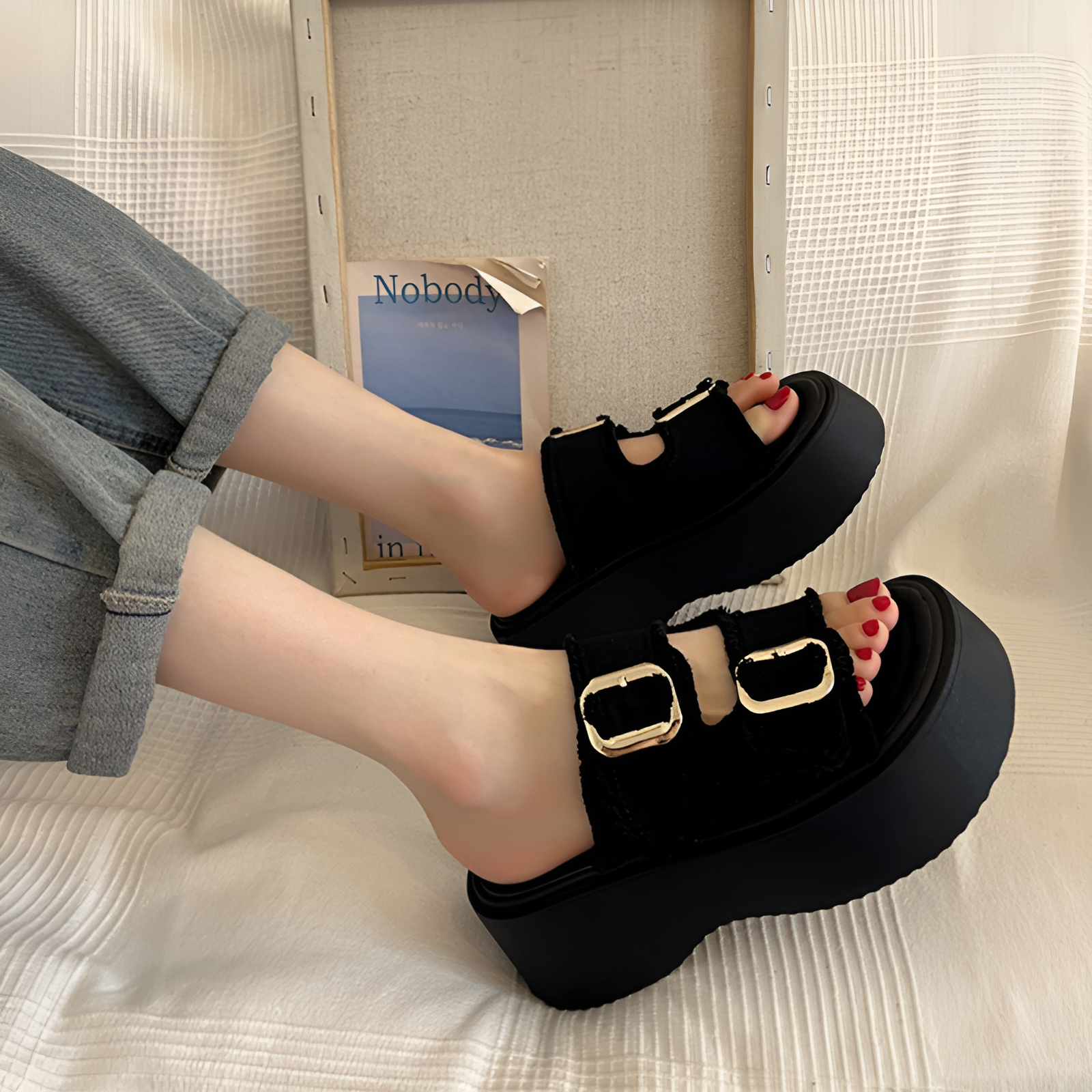 レディースシューズデニムキャンバス厚底スリッパレディース春夏アウトドアスリッパ新しい万能スリッパカジュアルハイヒールオープントゥサンダル