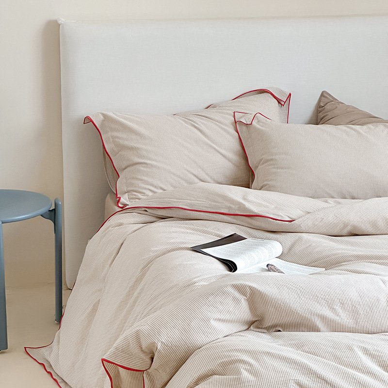 100%コットンウォッシュコットンストライプの肌に優しい寝具4点セット