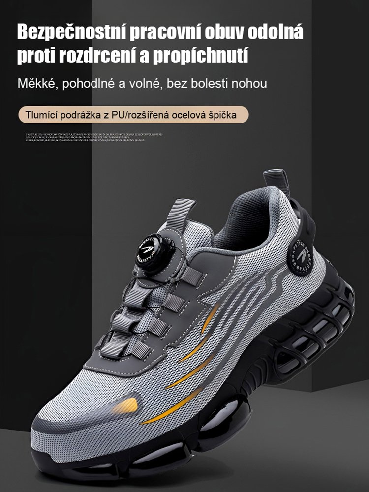 Ochranné pracovní boty s otočným knoflíkem, odolné proti propíchnutí a nárazu.