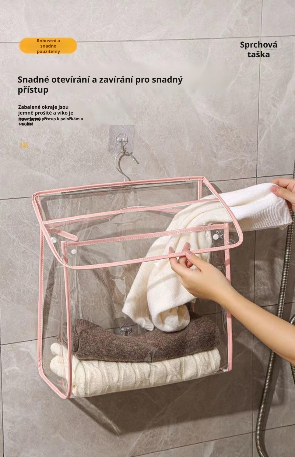 Voděodolná průhledná taška do koupelny s háčkem na zavěšení