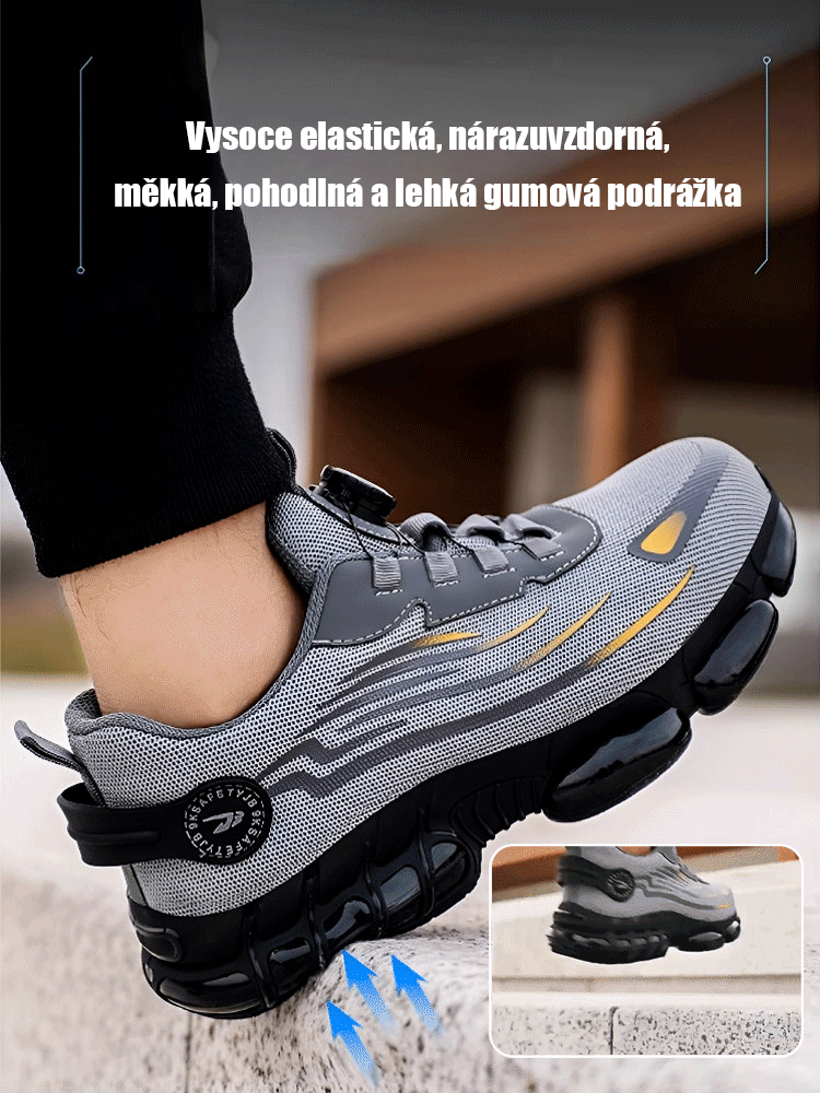 Ochranné pracovní boty s otočným knoflíkem, odolné proti propíchnutí a nárazu.