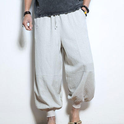 サルエルパンツ ワイドパンツ メンズ リネン 刺繍入り ゆったり 無地 体型カバー カジュアル
