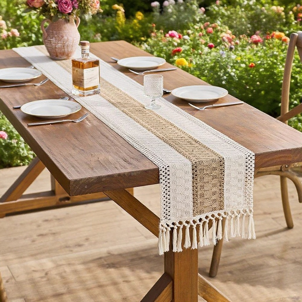 棉麻材質鏤空設計桌巾近拍