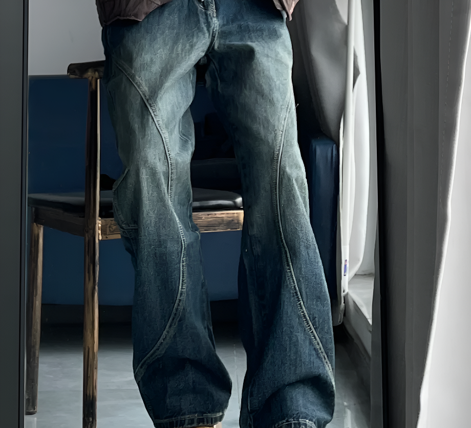 High street retro jeans men's wide leg loose straight