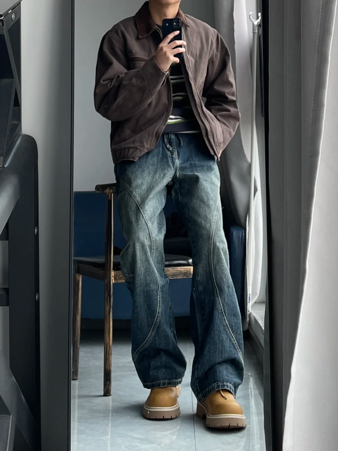 High street retro jeans men's wide leg loose straight