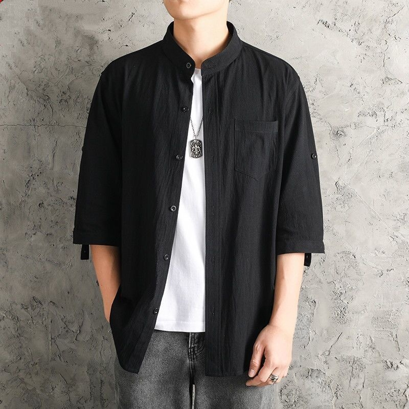 남성 캐주얼 재킷 7분 소매 셔츠 남성 여름 루즈 면 린넨 셔츠