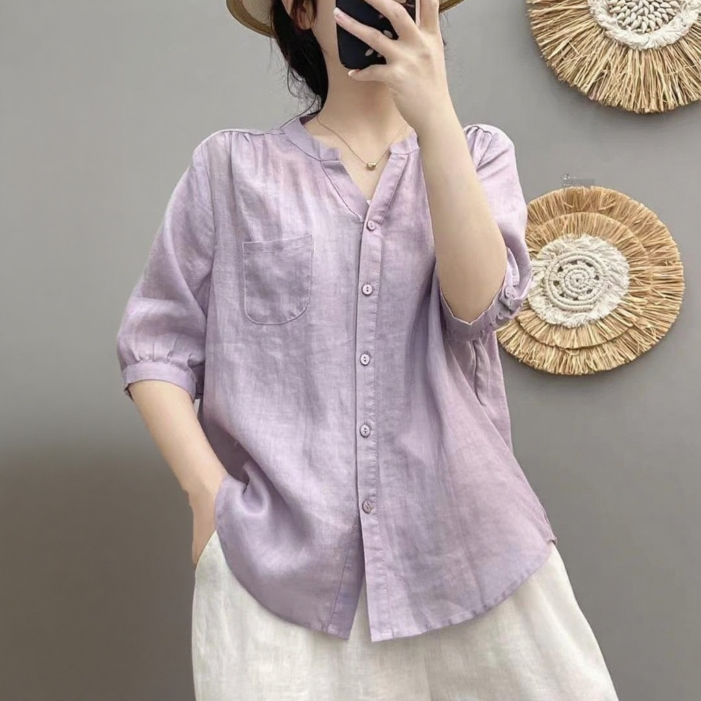 모시 여름 신상 브이넥 반팔 셔츠 문예 기품 단색 셔츠 코디 상의 여