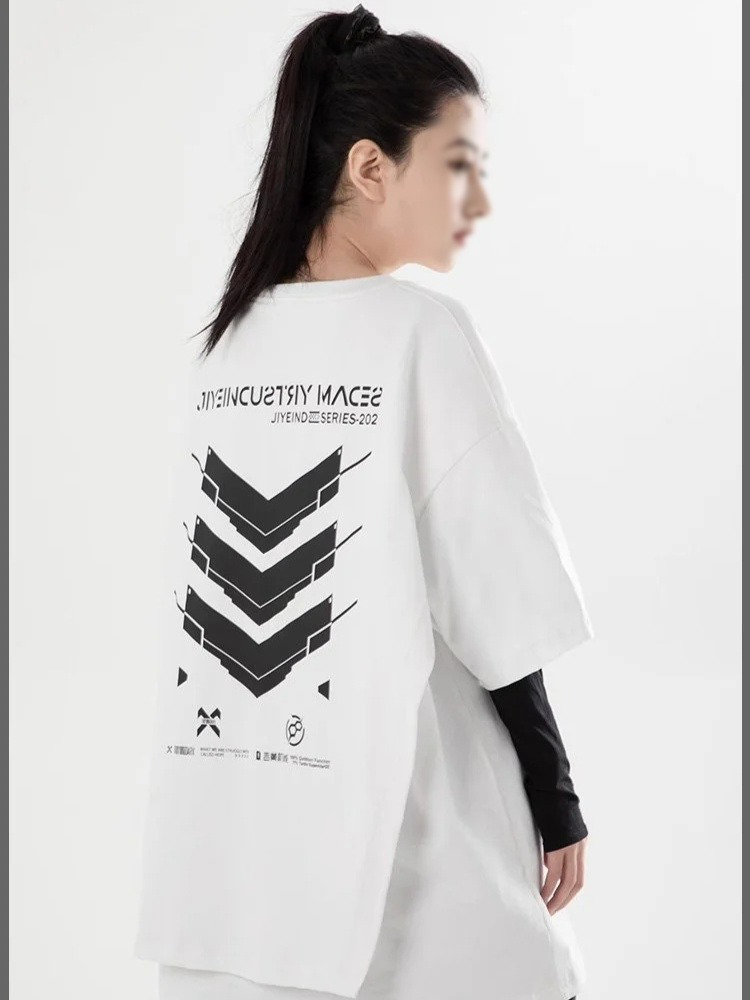 중공업 기갑 여름 루즈핏 반팔 티셔츠 상의 5부 소매 프린트 티셔츠 상의