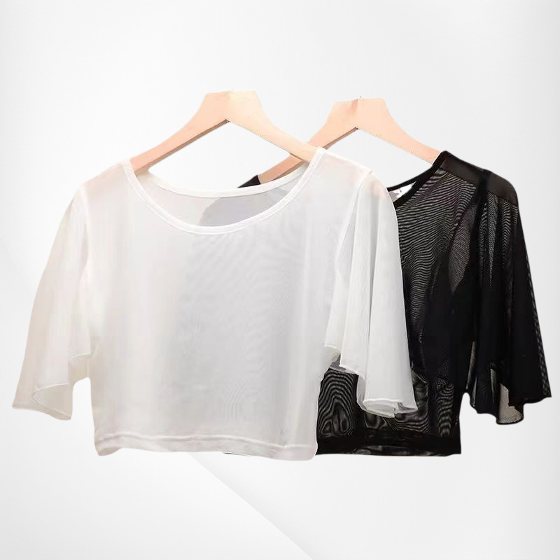 Ultradünnes, transparentes Netzshirt mit Fledermausärmeln und Rundhalsausschnitt