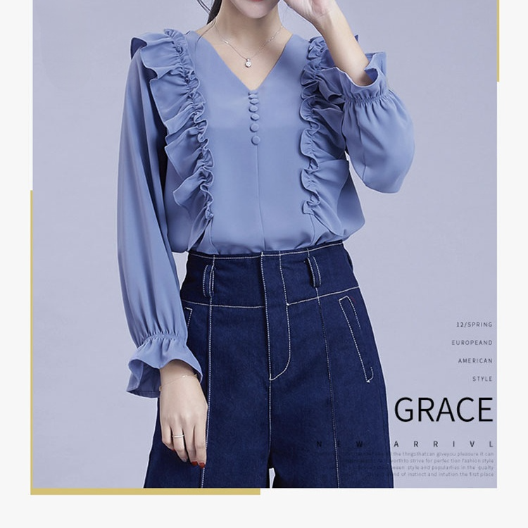 エレガントなシフォン長袖ブラウス正面画像