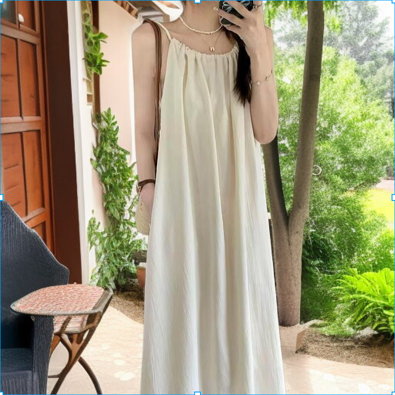 夏の新しいフランスの優しいスタイルのホルターネックのドレスは、肉を薄くニッチな怠惰なスタイルのロングスカートをカバーします