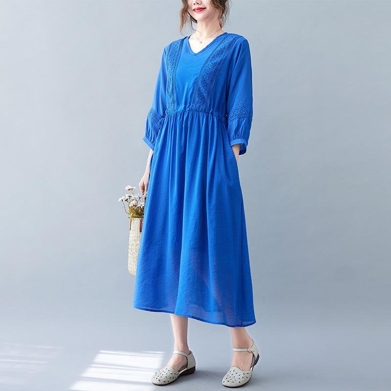 편하고 모던 심플 7부 문예풍 스트랩 원피스 롱 브이넥